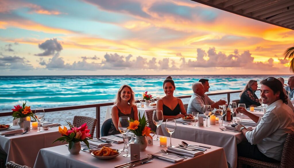A picturesque scene of beachfront restaurants in Cancún, showcasing dining areas with elegant tables set for a festive New Year's Eve celebration. In the foreground, a beautifully arranged table adorned with tropical flowers, candles, and fine dining utensils, inviting guests to indulge in gourmet cuisine. In the middle ground, well-dressed diners in modest casual attire enjoying their meals, with smiling faces reflecting joy and celebration. The background features a stunning view of the turquoise Caribbean Sea, gentle waves lapping against the shore, under a vibrant sunset sky filled with hues of orange and purple. The lighting is warm and enchanting, creating a romantic atmosphere perfect for ringing in the New Year. Captured at a slight angle to emphasize the ocean view and the cozy dining setting, enhancing the festive mood. A picturesque scene of beachfront restaurants in Cancún, showcasing dining areas with elegant tables set for a festive New Year's Eve celebration. In the foreground, a beautifully arranged table adorned with tropical flowers, candles, and fine dining utensils, inviting guests to indulge in gourmet cuisine. In the middle ground, well-dressed diners in modest casual attire enjoying their meals, with smiling faces reflecting joy and celebration. The background features a stunning view of the turquoise Caribbean Sea, gentle waves lapping against the shore, under a vibrant sunset sky filled with hues of orange and purple. The lighting is warm and enchanting, creating a romantic atmosphere perfect for ringing in the New Year. Captured at a slight angle to emphasize the ocean view and the cozy dining setting, enhancing the festive mood.