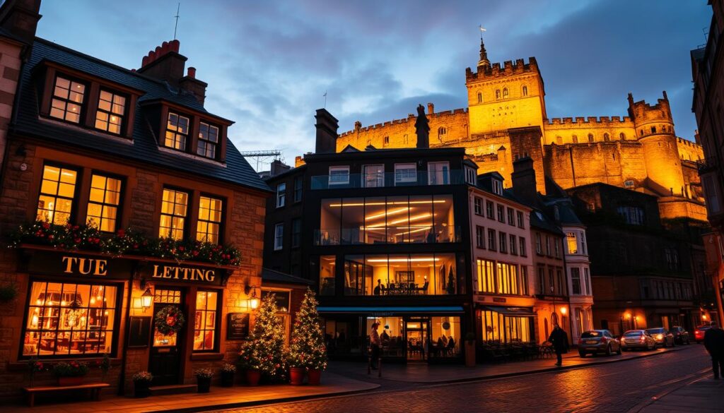 A picturesque scene showcasing a variety of accommodation options in Edinburgh, Scotland during the festive season. In the foreground, a charming historic stone inn with warm, inviting lights glowing from its windows, adorned with festive decorations and greenery. The middle ground features a modern boutique hotel with sleek design elements, contrasting beautifully with traditional architecture. The background reveals a majestic medieval castle illuminated by soft twilight, casting a magical aura. The atmosphere is cozy and festive, capturing the spirit of Hogmanay. The scene is illuminated with a warm golden glow, reflecting off cobblestone streets, taken from a slightly elevated angle for depth. The overall mood is inviting and celebratory, perfect for showcasing diverse lodging styles during the holiday season.
