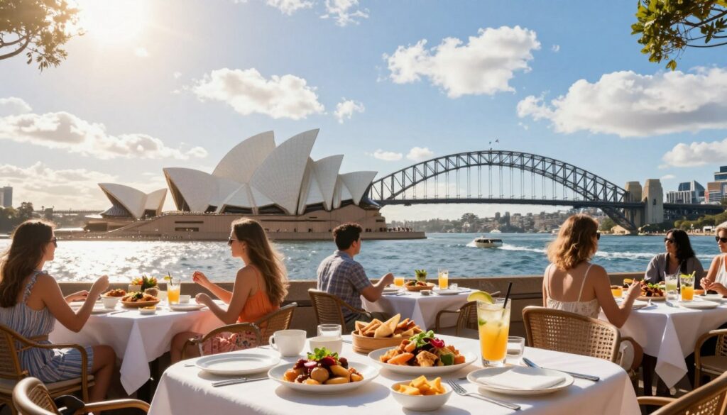 A picturesque travel itinerary for a trip to Australia in summer, focusing on Sydney during New Year's Eve 2026. In the foreground, feature a beautifully laid out table with a variety of local dishes, traditional Australian snacks, and refreshing summer beverages under a bright sun. In the middle ground, showcase iconic Sydney landmarks like the Sydney Opera House and Harbour Bridge, with people dressed in modest, colorful summer clothing enjoying the day, capturing the festive atmosphere. In the background, a vibrant blue sky dotted with fluffy white clouds over the sparkling waters of Sydney Harbour. The lighting is warm and inviting, conveying a cheerful and inspiring mood. Use a wide-angle lens to capture the expansive scene, with soft focus on the distant background.