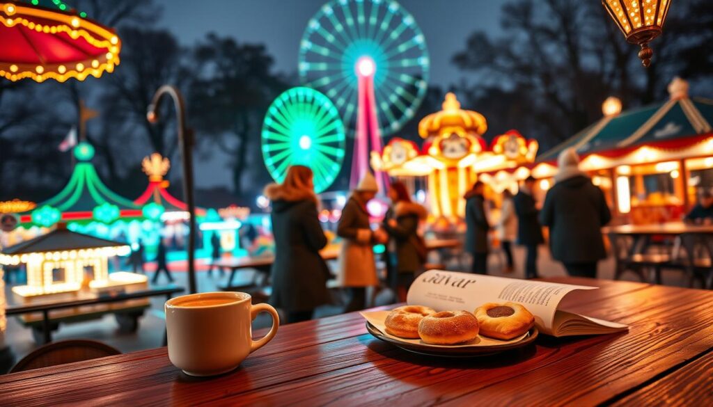 A picturesque travel itinerary scene depicting a 3-5 day visit to Copenhagen, focusing on the enchanting atmosphere of Tivoli Gardens during winter. In the foreground, a cozy wooden table with a warm drink, holiday treats, and a beautifully arranged travel guide. The middle ground showcases people dressed in modest winter attire, exploring the garden's festive lights and holiday decorations, while enjoying traditional Danish pastries. In the background, the vibrant colors of Tivoli's illuminated rides and seasonal decorations set a magical tone against a crisp, starry night sky. The lighting is warm and inviting, creating a sense of comfort and hygge, captured with a soft focus lens to evoke a dreamlike quality, emphasizing a sense of wonder and festive spirit.
