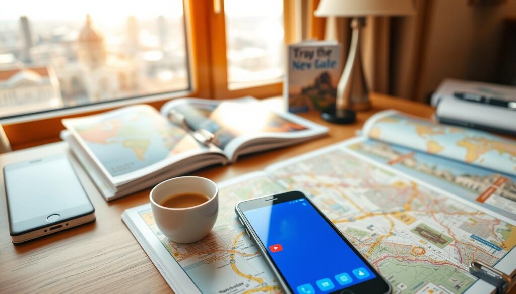 A picturesque travel itinerary scene for a solo traveler in January, featuring a well-organized desk. In the foreground, there’s a neatly arranged open travel planner with colorful city maps, a cup of steaming coffee, and a smartphone displaying travel apps. The middle showcases soft-focus travel brochures and a guidebook, highlighting safe destinations. In the background, a bright window with sunlight streaming in, revealing a serene cityscape, perhaps a famous landmark. The atmosphere is inviting and inspiring, captured in a warm, natural light setting, with a slightly elevated angle to give a sense of depth. The overall mood is one of excitement and anticipation for a safe solo journey.