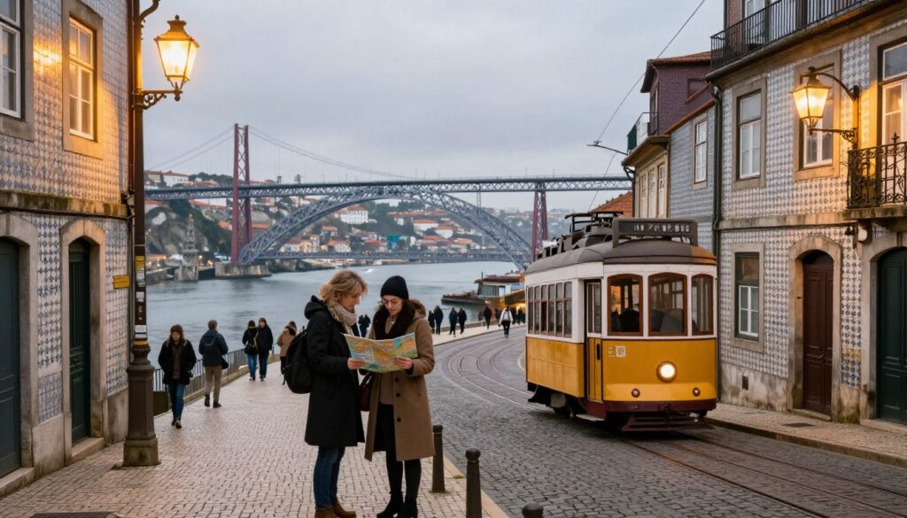 A picturesque travel route through Portugal during winter, featuring iconic landmarks of Lisbon and Porto. In the foreground, a well-dressed couple is seen, studying a travel map while standing at a historic tram stop in Lisbon, surrounded by colorful tiled buildings. The middle ground captures the scenic view of the Tagus River, with the iconic 25 de Abril Bridge stretching across the water. In the background, Porto's magnificent Dom Luís I Bridge and the Ribeira district are faintly visible under a soft, moody winter sky. The scene is illuminated by cozy, warm street lights that cast inviting glows over the cobblestone streets. The overall atmosphere is tranquil yet inspiring, evoking a sense of adventure and exploration in this European winter getaway.
