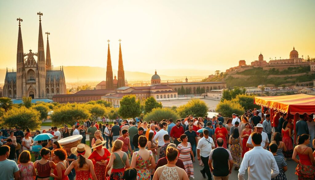 A picturesque view of Spain's vibrant culture with major travel destinations showcased. In the foreground, a lively Spanish festival with people in colorful traditional attire dancing and celebrating. The middle ground features iconic landmarks such as the Sagrada Familia, Alhambra, and flamenco dancers, each representing unique Spanish heritage. The background includes scenic landscapes, like sun-drenched olive groves and coastal views of the Mediterranean. The scene is bathed in warm, golden sunset lighting, creating a joyful and festive atmosphere. Use a wide-angle lens to capture the energy and connectivity of the festival, evoking a sense of exploration and cultural immersion in Spain's rich history.