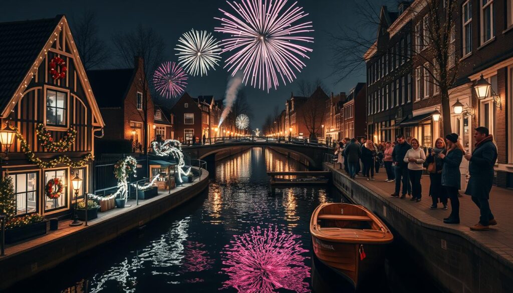 A picturesque view of a cozy Amsterdam lodging during the New Year's Eve celebration. In the foreground, a charming canal house with traditional Dutch architecture, adorned with twinkling lights and festive decorations. A small wooden boat gently floats in the canal, reflecting the lights. In the middle ground, colorful fireworks burst in the night sky, illuminating the surroundings. People in modest casual winter attire can be seen enjoying the festive atmosphere along the canal, with some sipping warm drinks. In the background, softly lit bridges arch over the tranquil water, adding to the enchanting ambiance. The scene is bathed in a warm glow, creating a lively yet serene mood, capturing the magic of a festive evening in Amsterdam.
