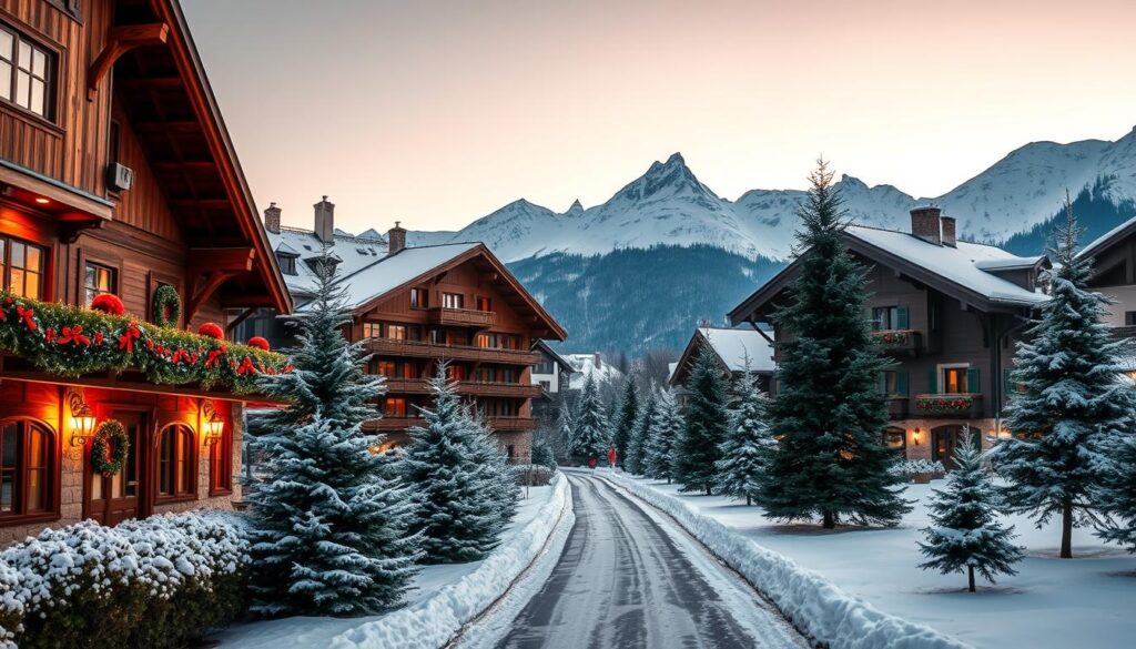 A picturesque view of a historic hotel nestled in Zurich, Switzerland, beautifully adorned with festive holiday decorations. In the foreground, elegant wooden chalets display traditional Swiss architecture, with warm glow emanating from their windows. The middle ground features a charming snow-covered pathway leading to the hotel entrance, flanked by frosted pine trees. In the background, majestic snow-capped Alps rise under a soft pastel sky at dusk, creating a serene winter atmosphere. The lighting is warm and inviting, suggesting a cozy ambiance. The scene should evoke a sense of peaceful luxury and holiday spirit, with a focus on sophisticated design elements that showcase both comfort and tradition in Swiss hospitality. The composition is wide-angle, emphasizing the enchanting landscape surrounding the accommodations.