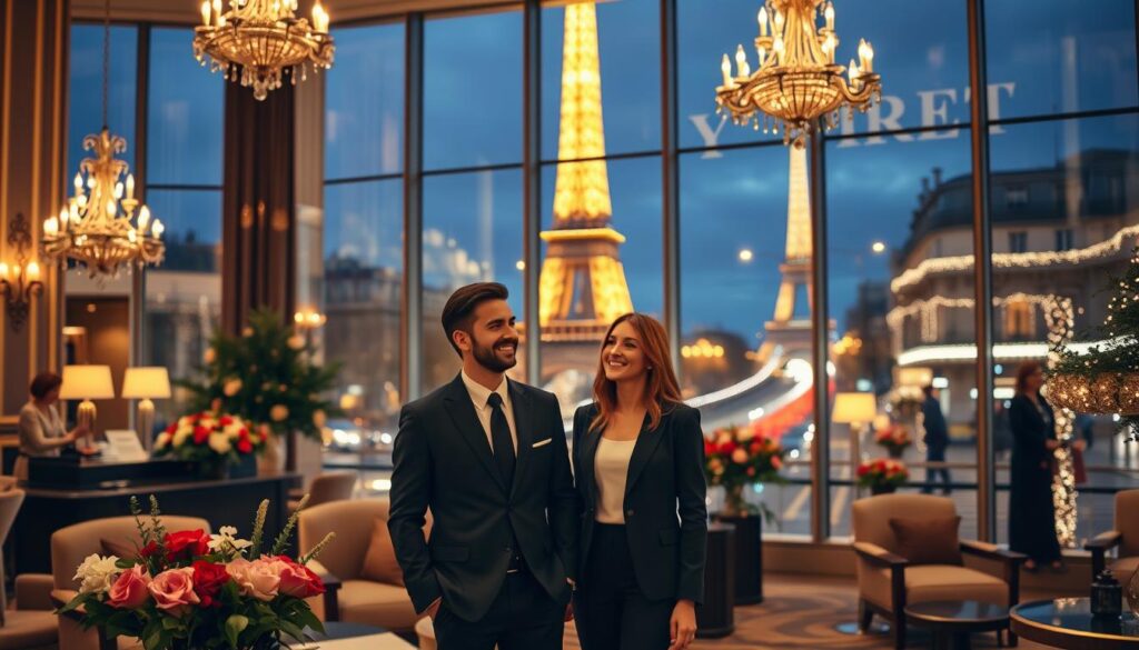 A picturesque view of a stylish hotel lobby in Paris, serving as a luxurious backdrop for travelers. In the foreground, a professionally dressed couple, smiling and conversing, stand next to elegant furniture adorned with fresh flowers. The middle layer showcases the richly decorated hotel interior with grand chandeliers and warm, inviting lighting. Large windows reveal a glimpse of the iconic Eiffel Tower illuminated against the night sky in the background, with the Champs-Élysées aglow with festive lights and celebratory decorations. The atmosphere conveys a sense of sophistication and charm, perfect for a memorable stay in the City of Light, captured with soft focus and a slight bokeh effect to enhance the ambiance.