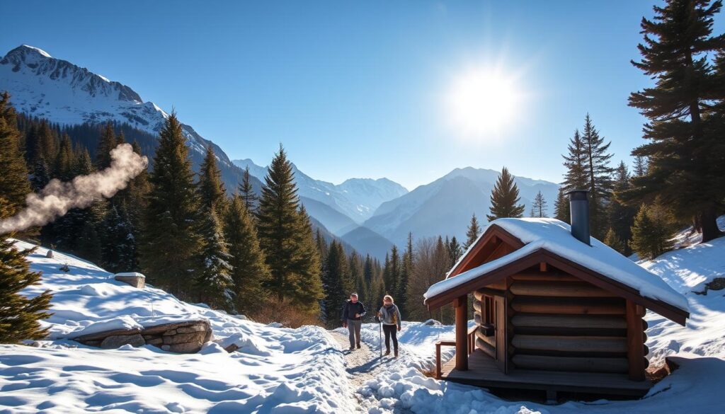 A picturesque winter mountain scene during January, showcasing a serene landscape with snow-capped peaks and lush green pine forests. In the foreground, a cozy wooden cabin with smoke gently rising from the chimney, surrounded by fresh snowfall. In the middle ground, a winding path leading through the glistening snow, where hikers in modest casual clothing are joyfully exploring the area. The background features majestic mountains under a clear blue sky, with soft, warm sunlight filtering through the trees, creating a tranquil and inviting atmosphere. The scene captures the essence of a peaceful winter escape, perfect for showcasing the allure of cooler destinations in summer. The overall mood is peaceful and inspiring, evoking a sense of adventure in nature.