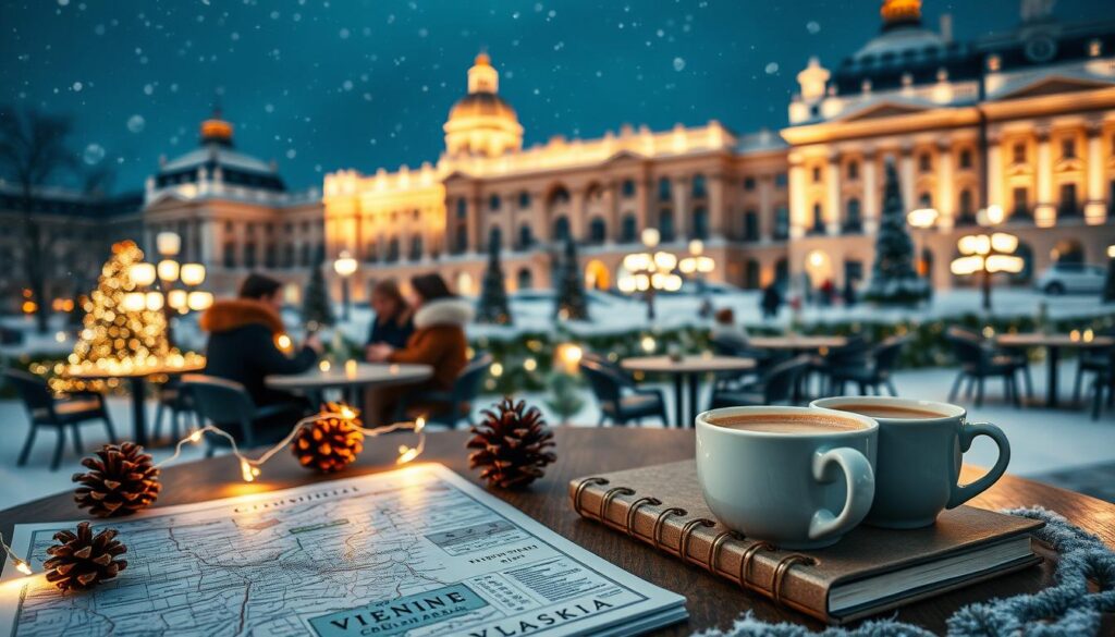 A picturesque winter scene capturing a Christmas travel guide in Vienna, Austria. In the foreground, a beautifully arranged table with travel essentials: a detailed map of Vienna, an elegant notebook, and a steaming cup of hot chocolate, surrounded by festive decorations like pinecones and fairy lights. The middle ground features a cozy café with people dressed in warm, modest winter attire, chatting and enjoying the holiday ambiance. In the background, the majestic architecture of imperial palaces illuminated with soft, warm lights, creating a magical atmosphere. The snow gently falls from the night sky, reflecting soft light, enhancing the overall warmth of the scene. The composition should evoke a sense of adventure and holiday spirit, inviting viewers to explore the wonders of Vienna during Christmas.