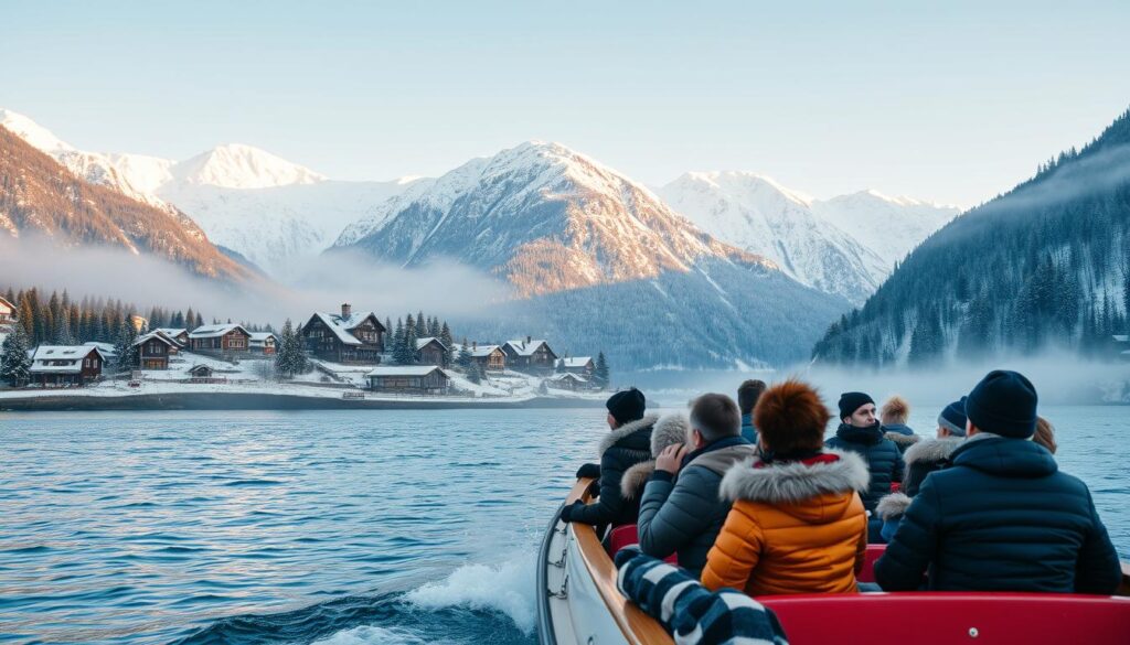 A picturesque winter scene capturing a serene fjord in Bergen, Norway, during the holiday season. In the foreground, a cozy boat filled with tourists, dressed in warm, casual winter clothing, gliding peacefully across the icy blue waters of the fjord. The middle ground showcases the stunning snow-dusted cliffs and evergreen trees lining the fjord, while quaint wooden Viking-inspired houses peep from the shore, evoking a sense of rich cultural heritage. The background features majestic, towering snow-capped mountains under a soft, golden light of a winter sunset, casting a warm glow over the entire scene. A light mist hovers over the waters, enhancing the atmosphere of tranquility and wonder. The composition should evoke a feeling of adventure and nostalgia, inviting viewers into the enchanting beauty of Norway's winter landscape.