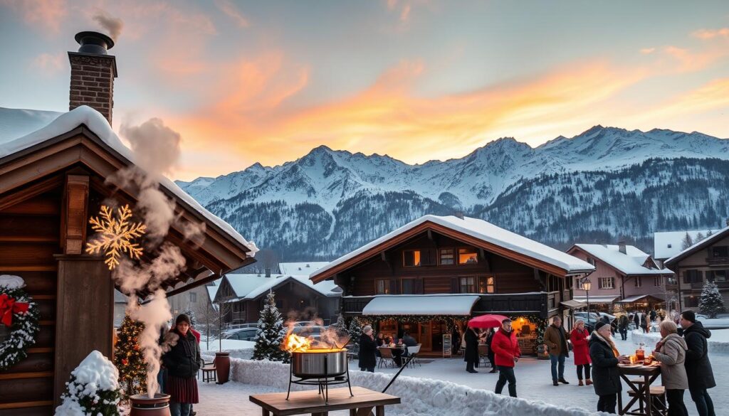 A picturesque winter scene depicting Zurich's Christmas culture, focusing on traditional Swiss chalets adorned with sparkling lights and festive decorations. In the foreground, a cozy wooden chalet with smoke billowing from the chimney and an inviting fondue pot set on a table outside. The middle ground features people dressed in modest winter clothing, joyfully gathering around the chalet, sharing laughter and fondue. In the background, snow-capped Alps rise majestically against a brilliant sunset sky, casting warm hues on the snow. Soft, diffused lighting highlights the festive atmosphere, creating a sense of warmth amidst the chilly winter air. The scene captures the charm of a Swiss Christmas in Zurich, evoking feelings of joy and festivity.