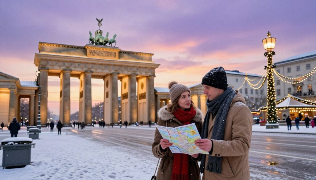 A picturesque winter scene depicting a suggested itinerary for 4 to 7 days in Germany, featuring iconic landmarks from Berlin and Munich. In the foreground, a well-dressed couple stands holding a travel guide, bundled in stylish winter coats and scarves, looking at a map. The middle ground showcases a snow-covered Berlin street with the Brandenburg Gate lit warmly by golden lights, while a classic Munich square, adorned with festive decorations, is visible on the other side. Soft snowflakes fall gently, creating a serene atmosphere. The background features a stunning sunset casting a soft purple and orange glow over the scene, with a gentle haze suggesting the crisp winter air. The composition captures the vibrant culture and charm of Germany in winter.