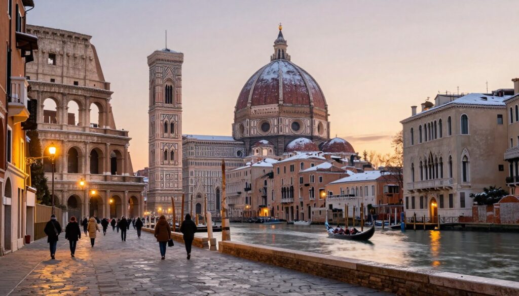 A picturesque winter scene depicting three iconic Italian cities: Rome, Florence, and Venice. In the foreground, a captivating street in Rome with cobblestone paths leading to the Colosseum, illuminated by soft, golden streetlights. The middle ground showcases the stunning Florence Cathedral, its intricate dome dusted with snowflakes, surrounded by charming Renaissance buildings. In the background, gondolas float serenely on the canals of Venice, reflecting the city's historical architecture under a soft, diffused winter sunset. Capture a serene atmosphere, with people in modest winter attire strolling, enjoying the beauty of Italian culture. Use a wide-angle lens to emphasize the grandeur of these landmarks, with warm, inviting lighting creating a cozy, adventurous mood.