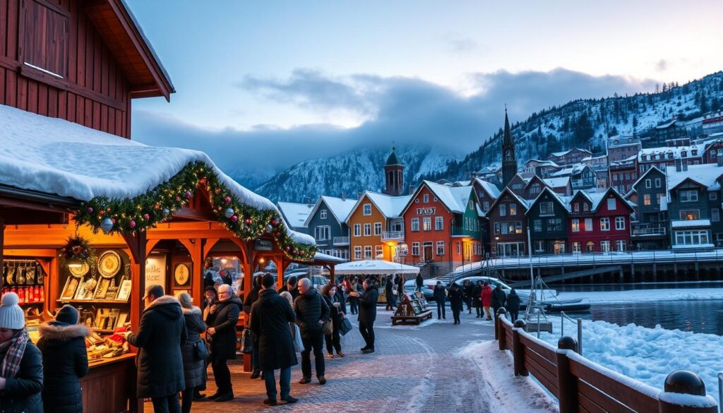 A picturesque winter scene in Bergen, Norway, capturing the essence of traditional Viking culture amidst snowy fjords. In the foreground, a charming wooden market stall decorated with festive lights and local crafts, featuring visitors dressed in warm winter attire, some enjoying hot beverages. The middle ground showcases colorful wooden houses reflecting typical Bergen architecture, nestled against a backdrop of majestic snow-covered mountains and calm, icy waters. The background includes the iconic Bryggen Wharf with its historic buildings, partially obscured by gentle snowfall. Soft, golden hour lighting casts a warm glow over the scene, enhancing the cozy and inviting holiday atmosphere, while the sky transitions from blue to soft pink hues, evoking a sense of wonder and peace.