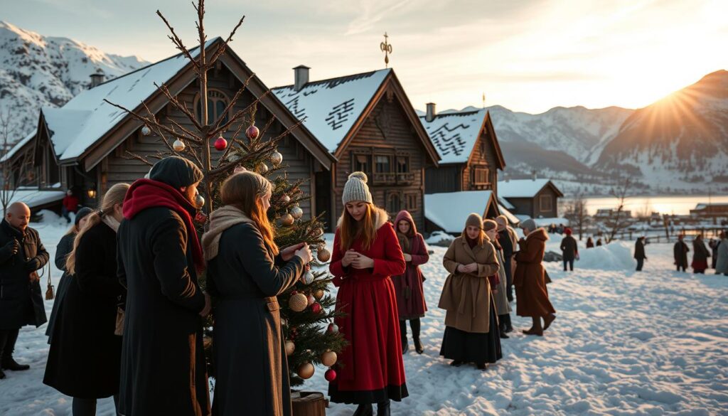 A picturesque winter scene in Bergen, Norway, showcasing traditional Nordic cultural practices. In the foreground, a group of elegantly dressed individuals in modest casual clothing, participating in an outdoor celebration, perhaps decorating a wooden Yule tree with handmade ornaments. The middle ground features traditional Viking architecture with intricate carvings. Snow-covered mountains loom in the distance, their peaks glistening under a soft, golden sunset light. The atmosphere is warm and inviting, evoking a sense of community and heritage. The image should be captured with a wide-angle lens to encompass the full landscape, ensuring a clear view of the vibrant colors against the white snow, creating a rich, festive environment.