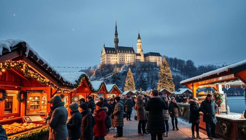 A picturesque winter scene in Germany showcasing a charming Christmas market under a starlit sky. In the foreground, wooden stalls adorned with twinkling fairy lights sell traditional snacks like roasted chestnuts and gingerbread. A group of modestly dressed travelers, bundled in cozy winter attire, are browsing the stalls, capturing moments on their cameras. In the middle ground, there are beautifully decorated Christmas trees and joyful families enjoying the festive atmosphere. The background features a stunning, illuminated castle atop a hill, its majestic silhouette reflected in a nearby frozen lake. Soft, warm lighting creates a magical mood, evoking the enchanting spirit of a traditional German Christmas. Shot at a slight angle to emphasize depth, this inviting scene promises the warmth and joy of holiday traditions in Germany.