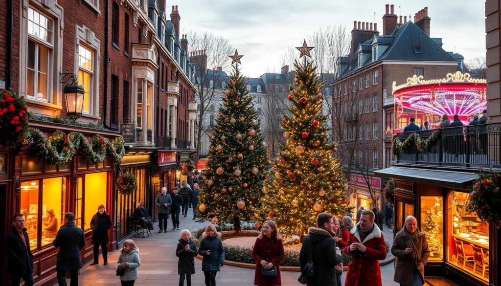 A picturesque winter scene in London, showcasing a charming Victorian-style neighborhood adorned with festive holiday decorations. The foreground features a cozy street lined with elegantly lit shops and quaint cafés, their windows glowing with warm golden light. Families dressed in modest winter coats roam joyfully, sipping hot cocoa. In the middle ground, a beautifully adorned Christmas tree stands in a small park, surrounded by twinkling fairy lights and softly falling snowflakes. The background highlights iconic London architecture, such as the historic townhouses and a glimpse of Hyde Park Winter Wonderland, with its colorful rides and lights. The atmosphere is cheerful and festive, with a soft twilight glow illuminating the entire scene, creating a magical holiday ambiance. A picturesque winter scene in London, showcasing a charming Victorian-style neighborhood adorned with festive holiday decorations. The foreground features a cozy street lined with elegantly lit shops and quaint cafés, their windows glowing with warm golden light. Families dressed in modest winter coats roam joyfully, sipping hot cocoa. In the middle ground, a beautifully adorned Christmas tree stands in a small park, surrounded by twinkling fairy lights and softly falling snowflakes. The background highlights iconic London architecture, such as the historic townhouses and a glimpse of Hyde Park Winter Wonderland, with its colorful rides and lights. The atmosphere is cheerful and festive, with a soft twilight glow illuminating the entire scene, creating a magical holiday ambiance.