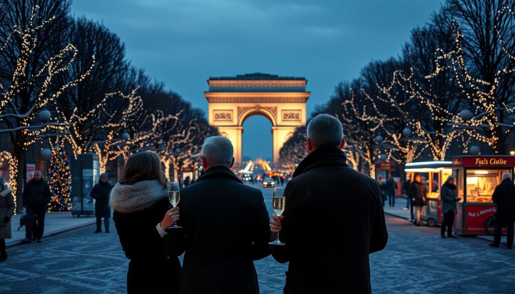 A picturesque winter scene in Paris showcasing a festive Christmas setting on the Champs-Élysées. In the foreground, elegantly dressed couples are admiring the dazzling holiday lights, holding glasses of champagne. The middle of the scene features the famous tree-lined avenue adorned with sparkling decorations and street vendors selling hot chocolate. In the background, the iconic Arc de Triomphe is illuminated against a dusky blue evening sky, adding depth to the atmosphere. Soft, warm lighting enhances the cheerful ambiance, capturing the magic of the season. Use a wide-angle lens to create a dynamic perspective that draws the viewer into this enchanting holiday experience. The overall mood is joyful and romantic, perfect for celebrating Christmas in Paris.
