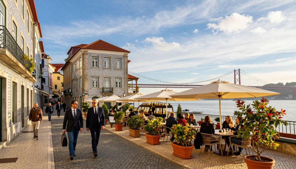 A picturesque winter scene in Portugal showcasing the mild winter climate in January 2026. In the foreground, a charming cobblestone street in Lisbon, lined with colorful traditional buildings adorned with intricate tiles. A few people in professional business attire stroll leisurely, enjoying the sunny weather. In the middle ground, a cozy café with outdoor seating and umbrellas offers warm drinks to patrons, framed by vibrant potted plants. In the background, the iconic Ponte 25 de Abril bridge can be seen against a bright blue sky with wispy clouds, hinting at a serene atmosphere. Soft golden sunlight bathes the scene, creating a warm and inviting mood. The composition should be shot from a slightly elevated angle to capture the lively street activity and stunning architecture without any text or watermarks.