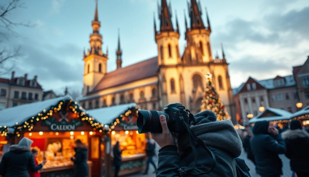 A picturesque winter scene in Prague's Old Town Square during Christmas, featuring a traditional Christmas market with wooden stalls adorned with twinkling lights and festive decorations. In the foreground, a modestly dressed photographer captures the vibrant atmosphere with a DSLR camera, focusing on enticing holiday treats. The middle ground showcases families enjoying the festive ambiance, enjoying mulled wine and gingerbread cookies, all set against the stunning backdrop of the Gothic architecture of the Church of Our Lady before Týn, illuminated by soft, warm lighting. The twilight sky casts a magical glow over the scene, creating a cozy, inviting mood. The composition emphasizes depth, highlighting the lively market and the majestic castle towers in the distance, creating a captivating holiday experience.
