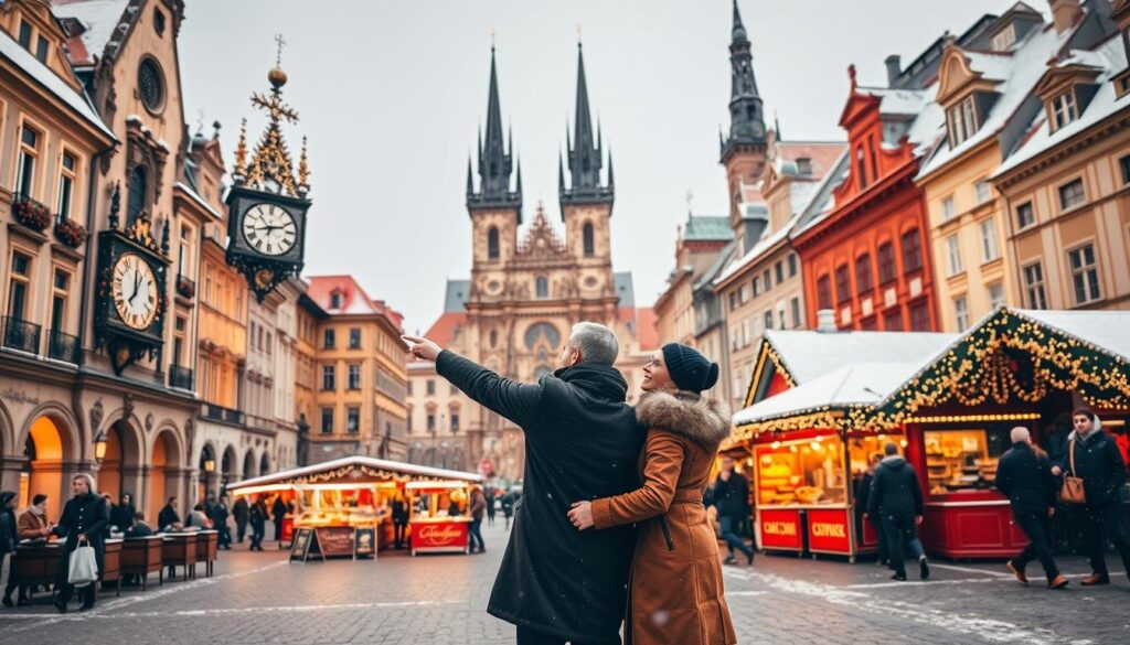 A picturesque winter scene in Prague’s Old Town Square, showcasing the enchanting architecture of the surrounding historic buildings. In the foreground, a couple dressed in warm, modest winter attire explores the area, pointing at the stunning Astronomical Clock. In the middle ground, vibrant holiday market stalls decorated with twinkling lights offer traditional Czech festive treats. The majestic spires of St. Vitus Cathedral rise in the background, surrounded by a gentle snowfall, creating a magical atmosphere. Soft, warm lighting casts a golden glow over the scene, enhancing the charm of this iconic destination. Capture the joy and wonder of holiday travel in Prague during this unforgettable season.