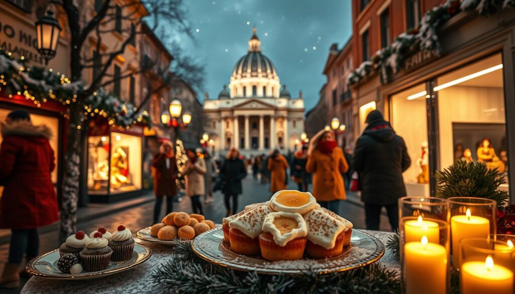 A picturesque winter scene in Rome during December, focusing on vibrant holiday decorations and lights illuminating the Vatican. In the foreground, a beautifully arranged Italian dessert table featuring traditional Christmas sweets, surrounded by warm candlelight creating a cozy atmosphere. The middle layer highlights locals and tourists in stylish winter attire strolling through the cobblestone streets, admiring handcrafted Nativity scenes displayed in charming shop windows. The background showcases the iconic St. Peter's Basilica cradled under a starlit sky, the grandeur of its architecture emphasized by soft, golden lighting that brings out the intricate details. Capture the essence of a festive, peaceful holiday season in an inviting, magical ambiance. A picturesque winter scene in Rome during December, focusing on vibrant holiday decorations and lights illuminating the Vatican. In the foreground, a beautifully arranged Italian dessert table featuring traditional Christmas sweets, surrounded by warm candlelight creating a cozy atmosphere. The middle layer highlights locals and tourists in stylish winter attire strolling through the cobblestone streets, admiring handcrafted Nativity scenes displayed in charming shop windows. The background showcases the iconic St. Peter's Basilica cradled under a starlit sky, the grandeur of its architecture emphasized by soft, golden lighting that brings out the intricate details. Capture the essence of a festive, peaceful holiday season in an inviting, magical ambiance.