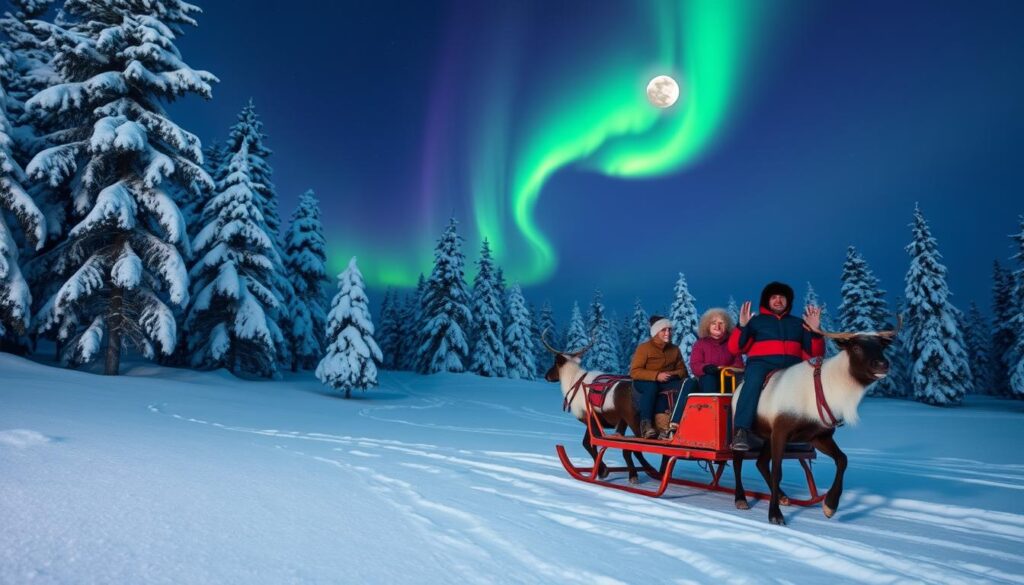 A picturesque winter scene showcasing a traditional reindeer sled ride in Finland's Lapland. In the foreground, a colorful sled pulled by a team of strong, majestic reindeer glides over a sparkling blanket of fresh snow. The riders, bundled in cozy winter attire, are joyfully embracing the adventure. In the middle ground, snow-covered pine trees frame the scene, their branches heavy with white snow, creating a sense of tranquility. The background features a stunning display of the Northern Lights dancing in vibrant greens and purples across a darkening sky, casting a magical glow over the landscape. The scene is illuminated softly by moonlight, enhancing the serene and enchanting atmosphere of this unforgettable winter experience. Capture this moment from a slightly elevated angle to encompass the vast beauty of the frozen wilderness.