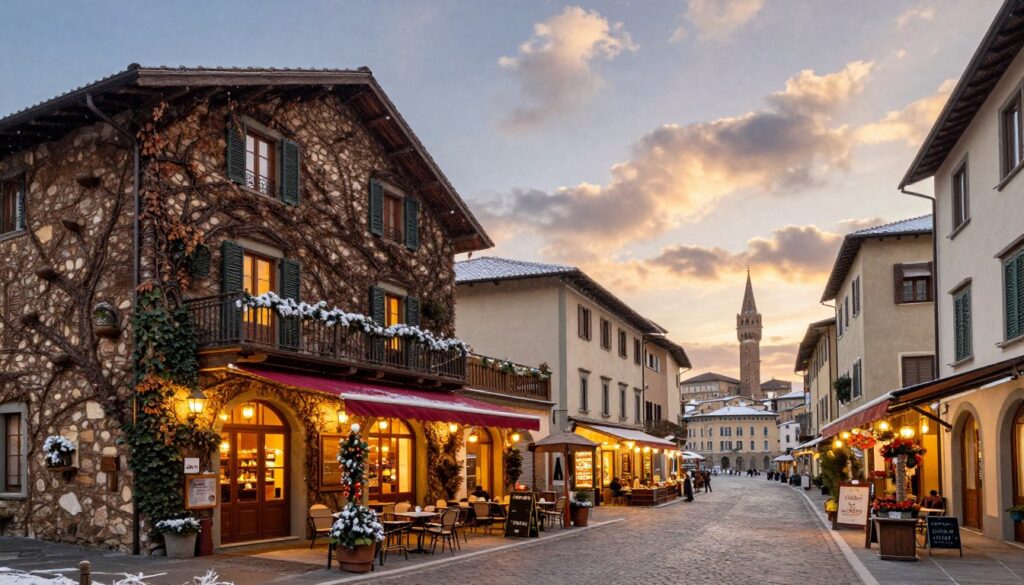 A picturesque winter scene showcasing the ideal Italian accommodation in a cozy neighborhood. In the foreground, a charming, rustic hotel with ivy-covered walls and warm glowing lights emanating from the windows, inviting guests inside. The middle ground features cobblestone streets lined with quaint cafés and small, beautifully decorated shops, adorned with winter decorations and colorful awnings. In the background, iconic architecture of Florence, Venice, and Rome creates a stunning backdrop, with the soft glow of sunset illuminating the clouds. Snow gently falls, creating a serene atmosphere. The image is bright and inviting, highlighting the warmth of the buildings against the cool winter scenery. Captured with a slightly wide-angle lens to encompass the beauty of the surroundings, the scene exudes comfort and elegance.