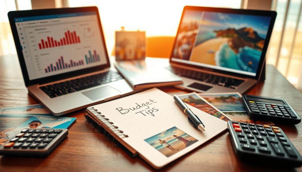 A practical and visually appealing travel budget tips scene, featuring a well-organized table adorned with a laptop, colorful travel brochures, a notebook with a pen, and a calculator. Foreground: the laptop screen shows a budget planning tool, with charts and graphs illustrating cost-effective travel options. Middle ground: the notebook is open to a page labeled "Budget Tips," surrounded by vibrant photos of scenic travel destinations. Background: a bright and sunny window with a view of an inviting beach or a mountain landscape, enhancing the feel of inspiration for affordable summer vacations. Soft, warm lighting creates an inviting atmosphere, suggesting optimism and practicality in planning. Capture the scene with a slightly elevated angle to emphasize the detail on the table while showcasing the bright background. A practical and visually appealing travel budget tips scene, featuring a well-organized table adorned with a laptop, colorful travel brochures, a notebook with a pen, and a calculator. Foreground: the laptop screen shows a budget planning tool, with charts and graphs illustrating cost-effective travel options. Middle ground: the notebook is open to a page labeled "Budget Tips," surrounded by vibrant photos of scenic travel destinations. Background: a bright and sunny window with a view of an inviting beach or a mountain landscape, enhancing the feel of inspiration for affordable summer vacations. Soft, warm lighting creates an inviting atmosphere, suggesting optimism and practicality in planning. Capture the scene with a slightly elevated angle to emphasize the detail on the table while showcasing the bright background.