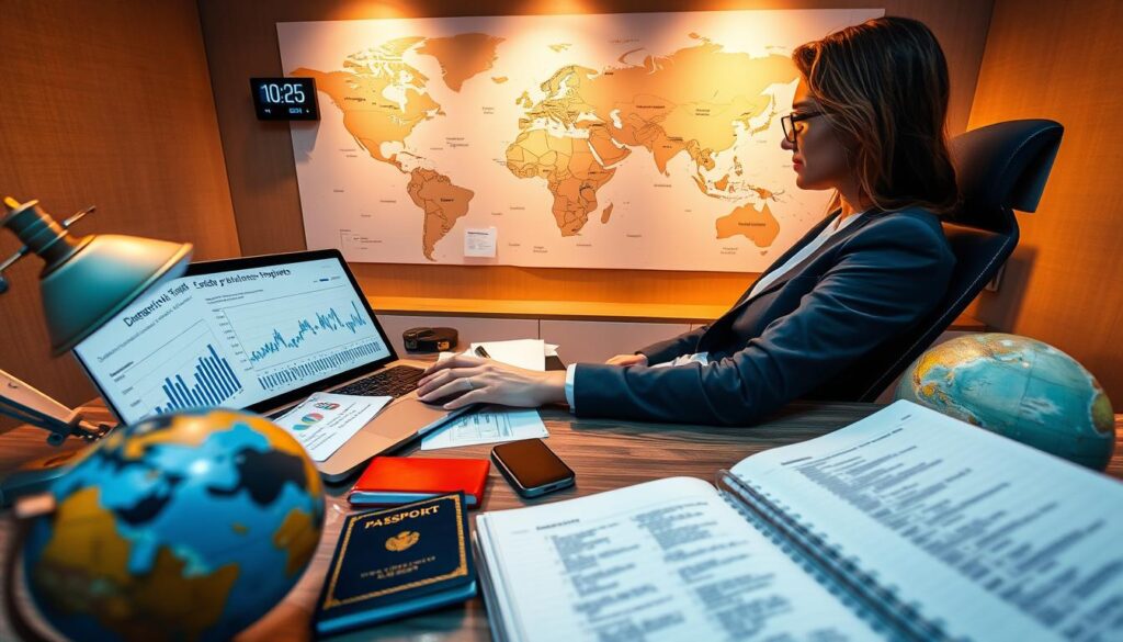 A professional travel planner seated at a sleek, modern desk filled with travel documents and a laptop, displaying graphs and charts related to travel budgeting and safety strategies. In the background, a world map pinpoints various destinations, while a digital clock shows the time in multiple cities. Soft, warm lighting creates a focused and inviting atmosphere, emphasizing organization and clarity. The foreground includes travel essentials like a passport, a globe, and an open notebook filled with notes on planning and safety measures. The perspective is slightly above eye level, allowing the viewer to engage with the detailed workspace, suggesting a mood of preparedness and strategic thinking for travel in 2026.