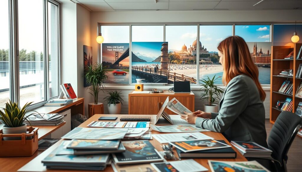 A scenic composition depicting essential travel services and support for solo travelers. In the foreground, a professional travel agent in modest, professional attire sits at a well-organized desk filled with maps, brochures, and travel guides, engaging with a client. In the middle ground, a welcoming travel office with large windows letting in warm, natural light showcases promotional posters of safe travel destinations. The background features a calming view of a virtual destination, perhaps a serene beach or a historic city skyline, hinting at adventure. The atmosphere is bright and inviting, instilling confidence and excitement for solo journeys. The scene is captured in a slightly elevated angle, creating an immersive perspective. Soft lighting enhances the welcoming mood, inviting viewers to explore travel opportunities.