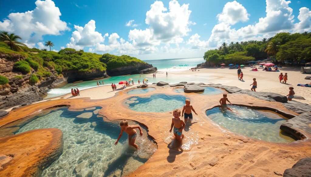 A scenic family-friendly beach with natural pools and crystal-clear waters in the foreground, featuring children playing joyfully on the soft sand and splashing in the shallow pools. In the middle ground, lush green cliffs gently slope toward the sea, with colorful beach umbrellas and towels spread out for families enjoying the sun. The background showcases a bright blue sky with fluffy white clouds, and vibrant tropical trees lining the coastline. The sunlight casts a warm, inviting glow over the scene, enhancing the colors of the water and sand. Capture this idyllic atmosphere with a wide-angle lens to emphasize the beauty of nature and the joyful interactions among families, evoking a sense of relaxation and happiness.