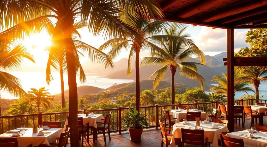 A scenic outdoor dining area on the stunning island of Fernando de Noronha, Brazil. In the foreground, a well-appointed restaurant patio with white tablecloths, wooden furniture, and potted plants. A warm, golden sunset light filters through swaying palm trees in the middle ground, casting a soft, inviting glow over the scene. In the background, glimpses of the island's lush, verdant hills and turquoise ocean waters create a picturesque, tranquil atmosphere. The overall mood is one of relaxation, local cuisine, and immersion in the natural beauty of this tropical paradise.