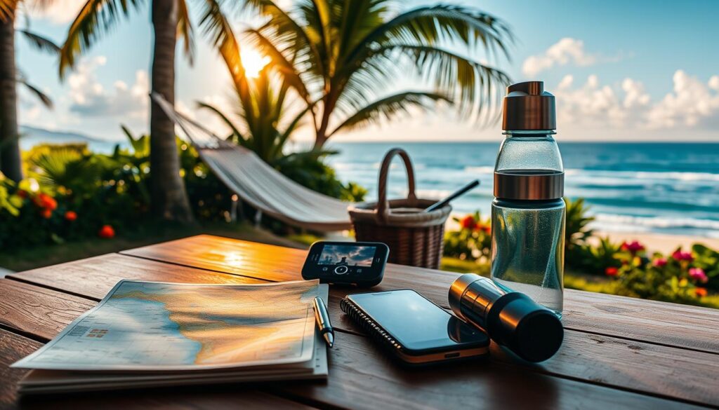 A scenic travel setup capturing practical travel tips for extended holidays in Brazil. In the foreground, a neatly arranged travel kit on a wooden table, featuring a map, a notebook, a smartphone displaying an itinerary, and a reusable water bottle. In the middle, a cozy outdoor setting with a sunlit hammock and a picnic basket, surrounded by tropical greenery and flowers. The background shows a distant beach with gentle waves under a clear blue sky and soft clouds. Warm, inviting lighting enhances the atmosphere, evoking a sense of relaxation and adventure. The image conveys excitement for travel and preparation, perfect for inspiring readers to seize holiday opportunities.