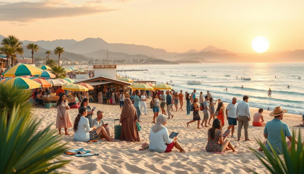 A scenic travel-themed illustration depicting the concept of extended holidays in 2026. In the foreground, a picturesque beach scene featuring a diverse group of travelers in modest casual clothing, enjoying leisure activities such as sunbathing, beach volleyball, and reading under colorful umbrellas. In the middle ground, a vibrant marketplace bustling with tourists, showcasing local crafts and foods, with soft, warm sunlight casting gentle shadows. The background features a stunning sunset over the ocean, creating an atmosphere of relaxation and happiness. The image captures a sense of adventure and exploration, with soft focus on the distant mountains, inviting viewers to imagine travel opportunities, emphasizing a cheerful and optimistic mood. Ideal for showcasing travel destinations and experiences. A scenic travel-themed illustration depicting the concept of extended holidays in 2026. In the foreground, a picturesque beach scene featuring a diverse group of travelers in modest casual clothing, enjoying leisure activities such as sunbathing, beach volleyball, and reading under colorful umbrellas. In the middle ground, a vibrant marketplace bustling with tourists, showcasing local crafts and foods, with soft, warm sunlight casting gentle shadows. The background features a stunning sunset over the ocean, creating an atmosphere of relaxation and happiness. The image captures a sense of adventure and exploration, with soft focus on the distant mountains, inviting viewers to imagine travel opportunities, emphasizing a cheerful and optimistic mood. Ideal for showcasing travel destinations and experiences.
