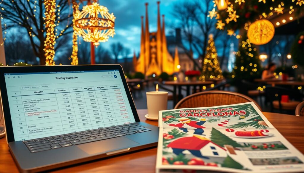 A scenic view of a holiday-themed travel budget plan for a trip to Barcelona during Christmas. In the foreground, a beautifully arranged desk with a laptop open to a budget spreadsheet, showing estimated prices for flights, accommodation, and food. Beside it, a festive holiday guidebook about Barcelona's Christmas attractions, including the Sagrada Família. In the middle ground, a cozy café setting in Barcelona, adorned with twinkling lights and holiday decorations. In the background, a silhouette of the Sagrada Família illuminated against a twilight sky. The atmosphere should convey warmth and excitement for holiday travel, with soft, ambient lighting that enhances the festive spirit. Use a wide-angle view to capture the lively scene and festive details.