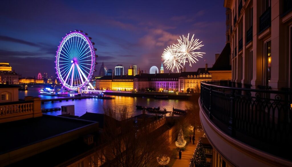 A scenic view of hotels overlooking the London Eye during the evening. In the foreground, include stylish hotel balconies adorned with elegant railings. The middle ground should showcase the iconic London Eye illuminated with vibrant colors, surrounded by a festive atmosphere. The background features the shimmering River Thames reflecting the light from the sunset and distant fireworks. Use a warm, inviting evening light to enhance the mood, with a slight lens flare for a dreamy quality. Capture the scene from a mid-angle perspective, ensuring depth and clarity, conveying a sense of luxury and celebration in a bustling London environment during New Year's Eve.