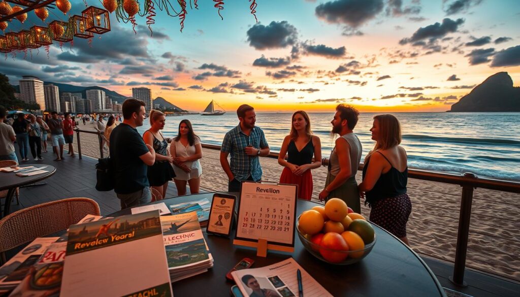 A scenic view of the iconic Copacabana beach in Rio de Janeiro, adorned with vibrant decorations for Réveillon. The foreground features a neatly organized table with travel brochures, a calendar marked for early reservations, and tropical fruits, symbolizing planning for a festive trip. In the middle, groups of friends in modest casual attire discuss their New Year's plans, with expressions of excitement and anticipation. The background showcases the sparkling sea under a colorful sky as the sun sets, with festive fireworks beginning to light up the horizon, evoking a celebratory atmosphere. Soft, warm lighting enhances the mood, making it feel inviting and festive. Shot from a medium angle, the image captures both the spirit of travel planning and the enchanting allure of Rio’s famous New Year celebration.