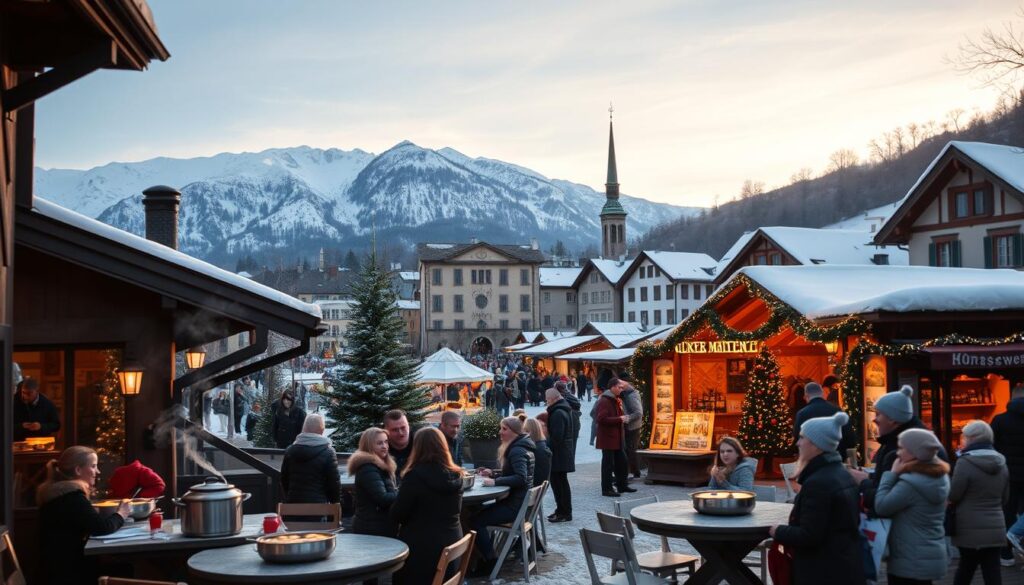 A scenic winter landscape in Zurich, featuring snow-covered Swiss Alps in the background, showcasing their grandeur under soft, late afternoon sunlight. In the foreground, a cozy chalet with smoke wafting from the chimney, suggesting warmth inside. Outdoor tables with fondue pots, surrounded by happy families and friends enjoying the festive atmosphere. The middle ground should feature a charming Christmas market with twinkling fairy lights, colorful stalls, and visitors dressed in warm, stylish winter clothing. Emphasize a sense of community and celebration. Use a wide-angle lens to capture the depth of the scene, with a gentle bokeh effect in the background to enhance the warm, inviting mood of the festive winter experience in Zurich.