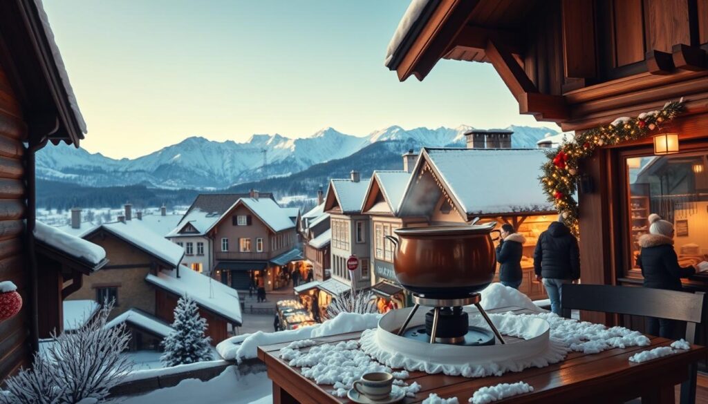 A scenic winter view of Zurich, Switzerland, featuring snow-covered rooftops and the stunning backdrop of the snow-capped Alps. In the foreground, a cozy wooden chalet invites travelers, with a bubbling fondue pot on a rustic table adorned with traditional Swiss decor. Soft, warm light illuminates the scene, creating a welcoming atmosphere. The middle ground showcases a charming street lined with twinkling fairy lights and bustling holiday markets filled with people dressed in modest winter attire, enjoying the festive ambiance. In the background, majestic mountains rise against a bright blue sky, hinting at adventure and exploration. The image should have a warm color palette, capturing the coziness and excitement of a Swiss winter getaway.