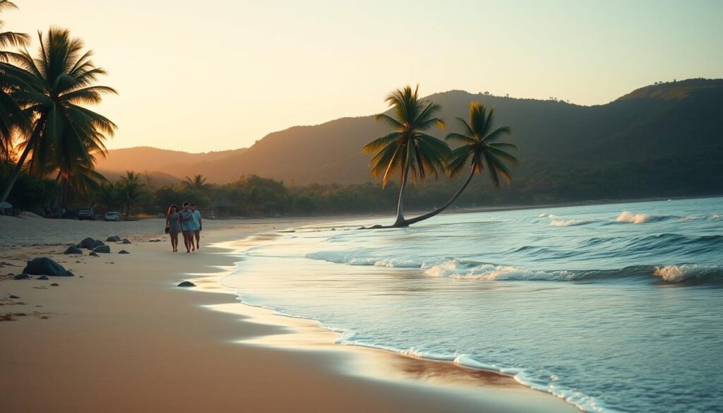 A serene Brazilian beach scene during sunrise, highlighting tranquil coastal beauty. In the foreground, gentle waves lapping at soft, golden sands with scattered smooth rocks. Several modestly dressed individuals in light clothing stroll along the shore, absorbing the peaceful atmosphere. In the middle ground, lush, green palm trees gently sway in a mild breeze, framing the beach. The background showcases rolling hills covered in tropical vegetation and a clear, pastel sky transitioning from deep blue to soft orange hues. Natural lighting creates warm, inviting tones across the scene, evoking a sense of calm and relaxation. The composition uses a wide-angle perspective to capture the expansive beach and picturesque landscape, immersing the viewer in a tranquil escape from the bustling world.