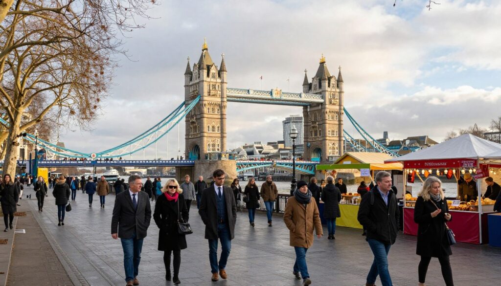 A serene January day in London, showing iconic landmarks like the Tower Bridge and the London Eye under vivid, crisp winter sunlight. In the foreground, a diverse group of individuals dressed in professional business attire and modest casual clothing strolls along the Thames River, enjoying the calm after the New Year's celebrations. The middle ground should feature bustling scenes of locals and tourists, with colorful market stalls selling warm foods and drinks, while trees, bare from winter, line the streets. The background captures an overcast sky typical of London in January, with hints of sunlight breaking through, casting a soft golden hue on the historic architecture. The overall mood is hopeful and inviting, emphasizing London's charm as a vibrant winter city.