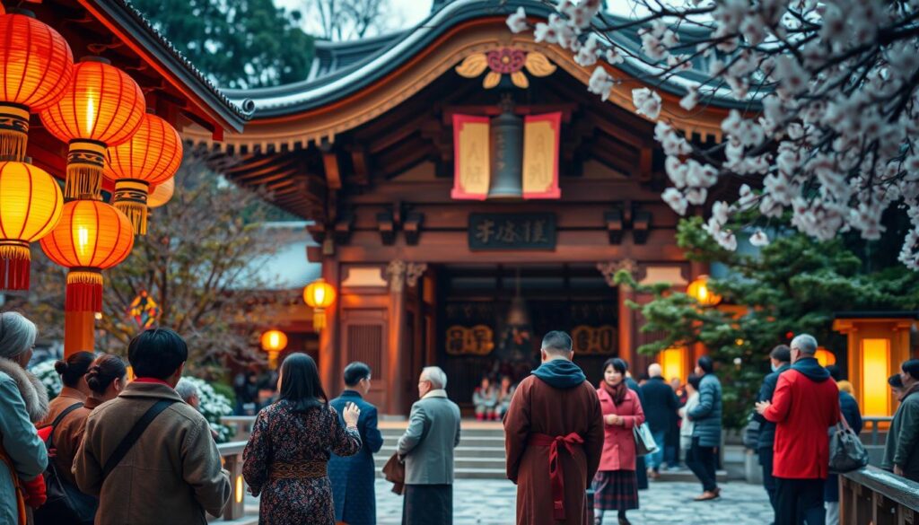 A serene New Year's celebration at a traditional Japanese temple, beautifully adorned with vibrant lanterns and colorful decorations. In the foreground, a small group of people wearing modest traditional clothing, such as kimonos, are participating in rituals, tossing coins and praying. In the middle ground, the majestic wooden structure of the temple with intricate carvings and a large bell reflecting the essence of the occasion. The background features lush greenery and soft, glimmering lights that create a festive atmosphere. The scene is illuminated by the warm glow of lanterns, casting a soft light on the snow-covered ground, while delicate cherry blossoms frame the edges. The composition captures the tranquil yet joyful spirit of Tokyo's New Year with a focus on cultural traditions. Focal point at eye level, soft bokeh effect in the background for depth.