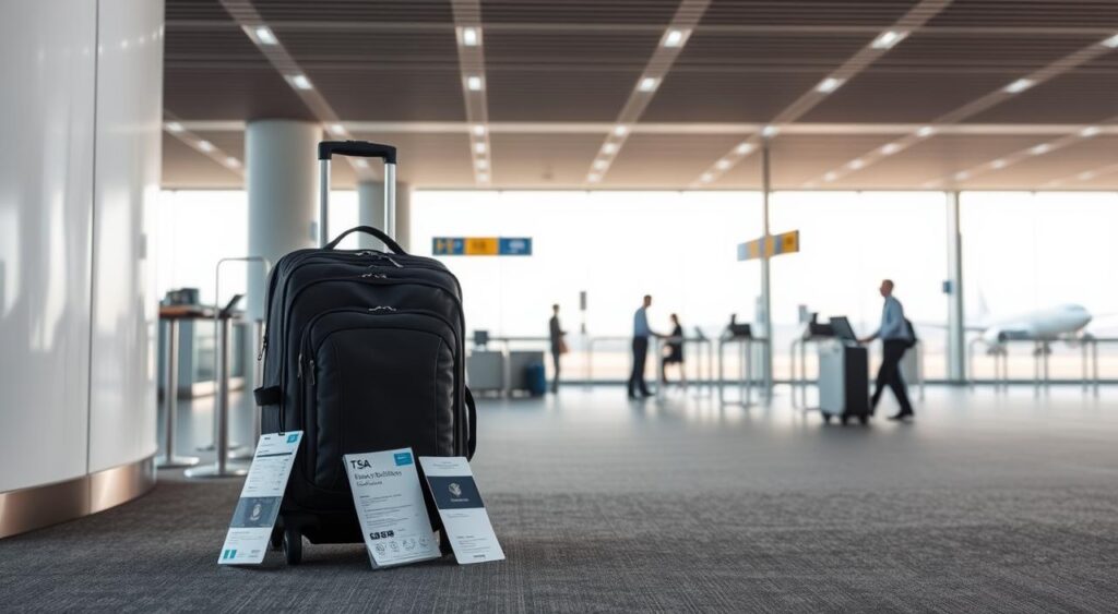 A serene airport terminal with muted tones and clean architectural lines. In the foreground, a traveler's suitcase and backpack sit neatly next to a boarding pass and passport, conveying a sense of organized preparedness. The middle ground features airport security checkpoints, with TSA agents diligently yet calmly conducting screenings. In the background, large windows offer a glimpse of aircraft taking off and landing, bathed in soft, diffused natural lighting. The overall atmosphere exudes a feeling of safety, efficiency, and confidence - qualities essential for a secure and stress-free journey.