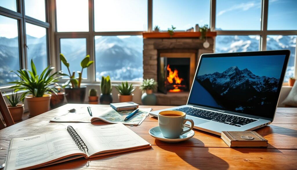 A serene and detailed travel planning scene for a mountain trip. In the foreground, a well-organized wooden table with travel essentials: an open notebook, a laptop showing a mountain landscape, a map, and a steaming cup of coffee. In the middle, a cozy, inviting atmosphere with a warm fireplace flickering, surrounded by potted plants. In the background, large windows reveal stunning snow-capped mountains under a clear blue sky, suggesting a chilly yet bright summer day. Soft, natural light pours in, highlighting the textures of the wooden table and the colorful travel gear. The mood is calm and inspiring, perfect for practical travel planning.