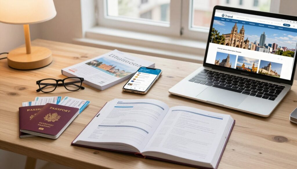 A serene and organized workspace set on a wooden desk, illuminated by soft, warm lighting from a nearby lamp. In the foreground, an open travel planner filled with neatly arranged documents: passports, flight tickets, and health insurance papers. A stylish laptop with a travel website open shows images of Barcelona and Madrid. In the middle layer, a smartphone displaying a travel app with useful tips, surrounded by a pair of eyeglasses and a travel guidebook. The background features a window with a glimpse of a beautiful skyline, suggesting a lively city atmosphere. The overall mood is one of calm preparation and excitement for a smooth international travel experience. The composition conveys travel readiness and practical advice for a successful journey. A serene and organized workspace set on a wooden desk, illuminated by soft, warm lighting from a nearby lamp. In the foreground, an open travel planner filled with neatly arranged documents: passports, flight tickets, and health insurance papers. A stylish laptop with a travel website open shows images of Barcelona and Madrid. In the middle layer, a smartphone displaying a travel app with useful tips, surrounded by a pair of eyeglasses and a travel guidebook. The background features a window with a glimpse of a beautiful skyline, suggesting a lively city atmosphere. The overall mood is one of calm preparation and excitement for a smooth international travel experience. The composition conveys travel readiness and practical advice for a successful journey.