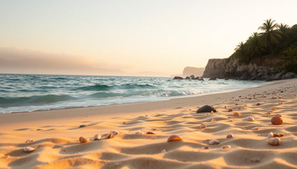A serene and tranquil beach scene during sunrise, featuring soft golden sands gently kissed by calm turquoise waves. In the foreground, delicate seashells and scattered smooth stones create a sense of isolation. The middle ground reveals a few palm trees swaying lightly in the warm breeze, casting long shadows on the beach. In the background, a misty coastline stretches into the horizon, with gentle cliffs adorned with lush greenery. The lighting is warm and inviting, capturing the tranquility of early morning light. The overall atmosphere is peaceful and relaxing, evoking a sense of safety and seclusion, perfect for an isolated retreat far from crowded tourist spots. Use a wide-angle lens to emphasize the expansive sky and the empty shoreline, enhancing the feeling of solitude and harmony in nature.