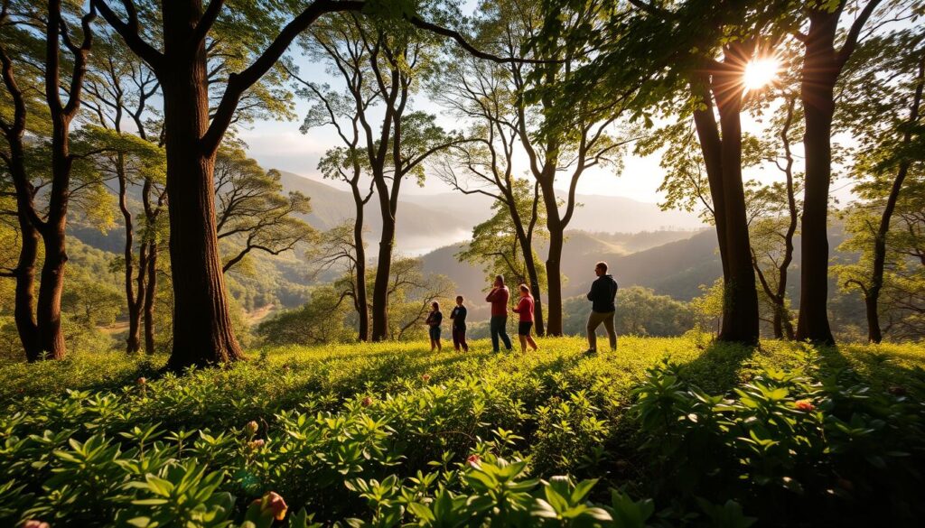 A serene and transformative moment in nature, featuring a lush green forest with towering trees and vibrant foliage in the foreground. In the middle ground, a small group of individuals clad in modest, casual outdoor attire engage in activities that evoke connection with the environment, such as meditating, practicing yoga, or observing wildlife. The background showcases rolling hills with mist gently rising, and a soft, golden sunlight filtering through the branches, casting dappled shadows on the forest floor. The atmosphere is peaceful and rejuvenating, promoting a sense of harmony between humanity and nature, captured with a wide-angle lens to emphasize depth and openness.
