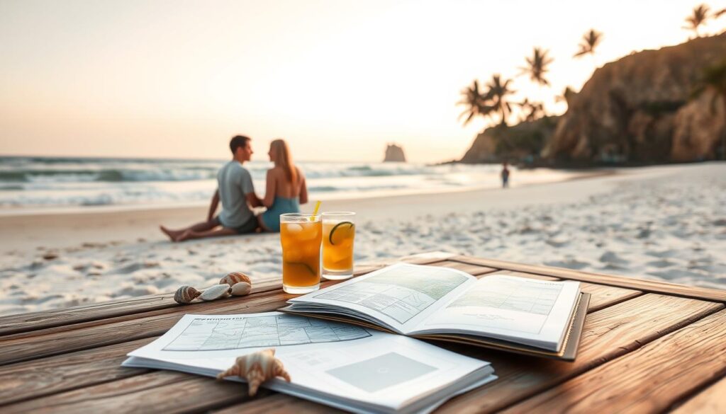 A serene beach scene at dawn, showcasing a tranquil stretch of sandy shore with gentle waves lapping at the edges. In the foreground, a well-organized travel planner rests on a wooden beach table, surrounded by seashells and a refreshing tropical drink. The middle ground features a couple in modest casual clothing, studying maps and discussing options, embodying the essence of planning a relaxing getaway. The background is a soft gradient of morning hues, with palm trees swaying slightly in the breeze and distant cliffs framing the shoreline. The lighting is warm and soft, casting gentle shadows, evoking a peaceful, inviting atmosphere perfect for contemplating a serene beach vacation.