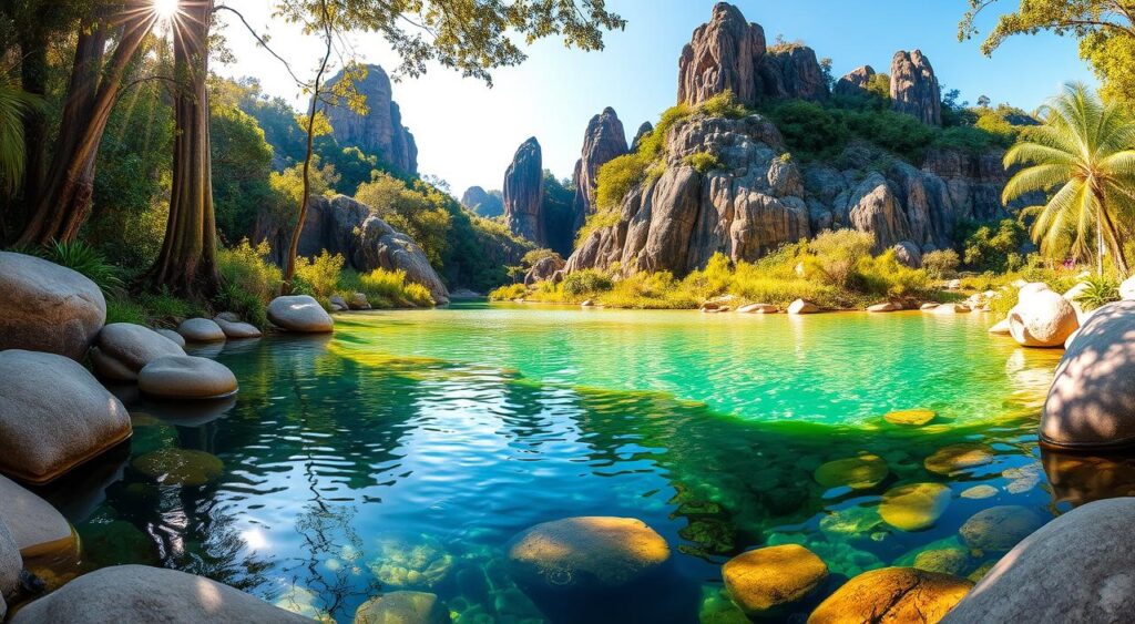 A serene, enchanting natural pool nestled within the lush, verdant landscape of Chapada Diamantina, Brazil. Sunlight filters through the canopy, casting a warm, golden glow upon the crystal-clear, turquoise waters. Smooth, rounded boulders line the banks, while vibrant, exotic flora adds pops of color. Towering, ancient rock formations rise in the distance, creating a sense of timeless wonder. The scene evokes a feeling of tranquility and deep connection with the natural world, inviting visitors to immerse themselves in the beauty and serenity of this breathtaking "poço encantado" (enchanted pool).