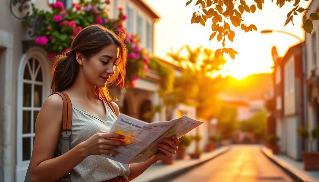 A serene, inviting street scene showcasing a solo female traveler, dressed in modest, casual clothing, exploring a picturesque destination. In the foreground, she is looking at a map, exuding curiosity and confidence. The middle ground features charming local architecture adorned with vibrant flowers and greenery, emphasizing safety in this welcoming environment. In the background, a stunning sunset casts warm golden tones over the scene, creating a relaxed and peaceful mood. Soft, diffused lighting enhances the atmosphere while a gentle breeze rustles the leaves. This image captures tips for solo travel safety, encouraging a sense of adventure and reassurance for travelers venturing alone.